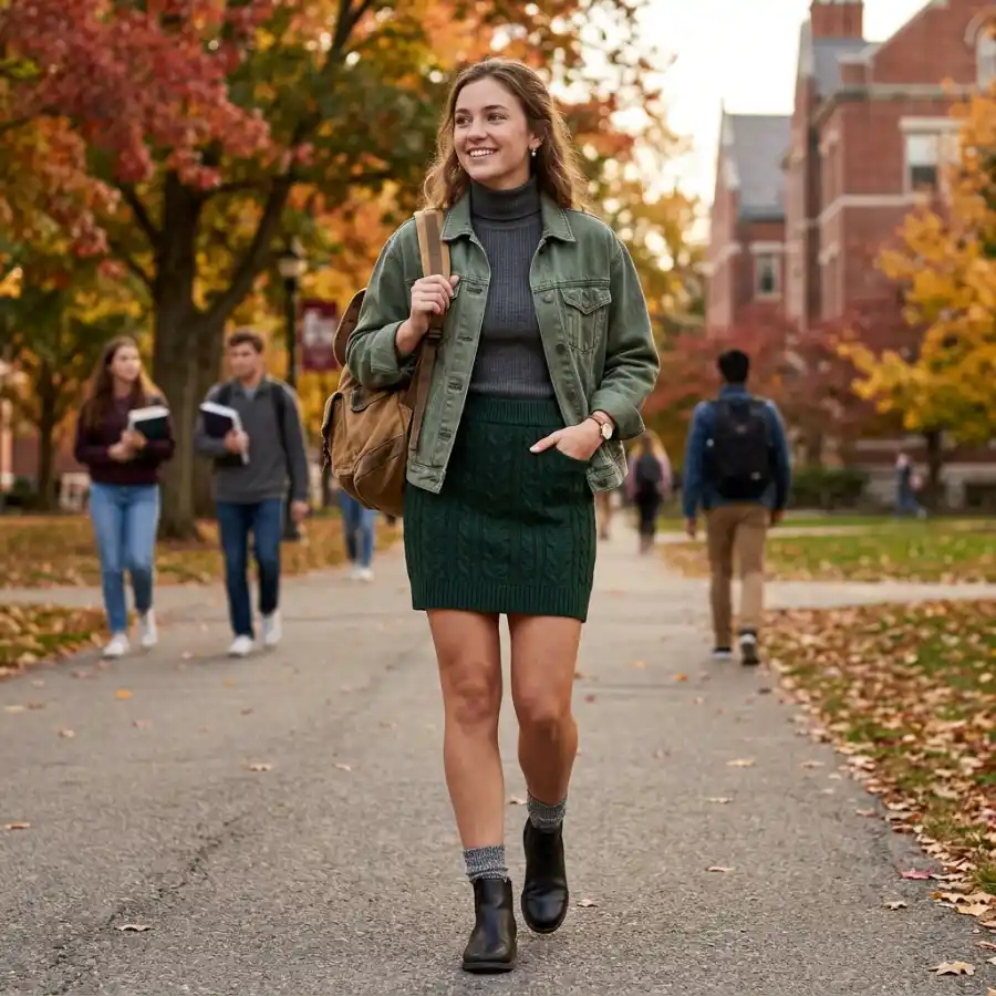 Cute school outfit with knit mini skirt and turtleneck