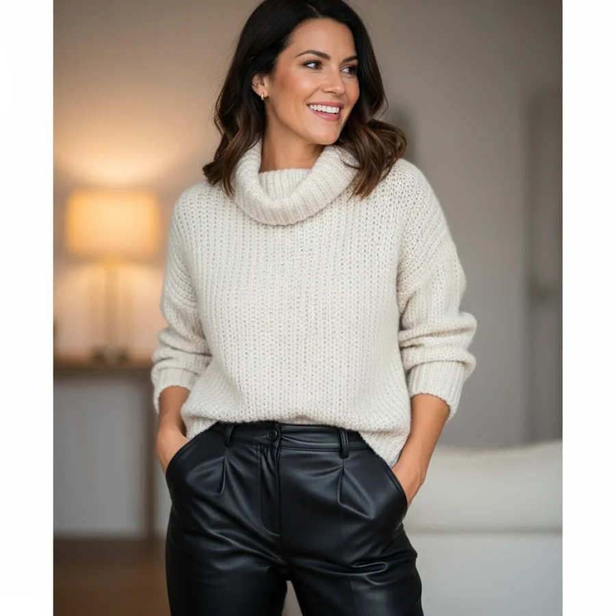 leather trousers and knit sweater fall outfit women