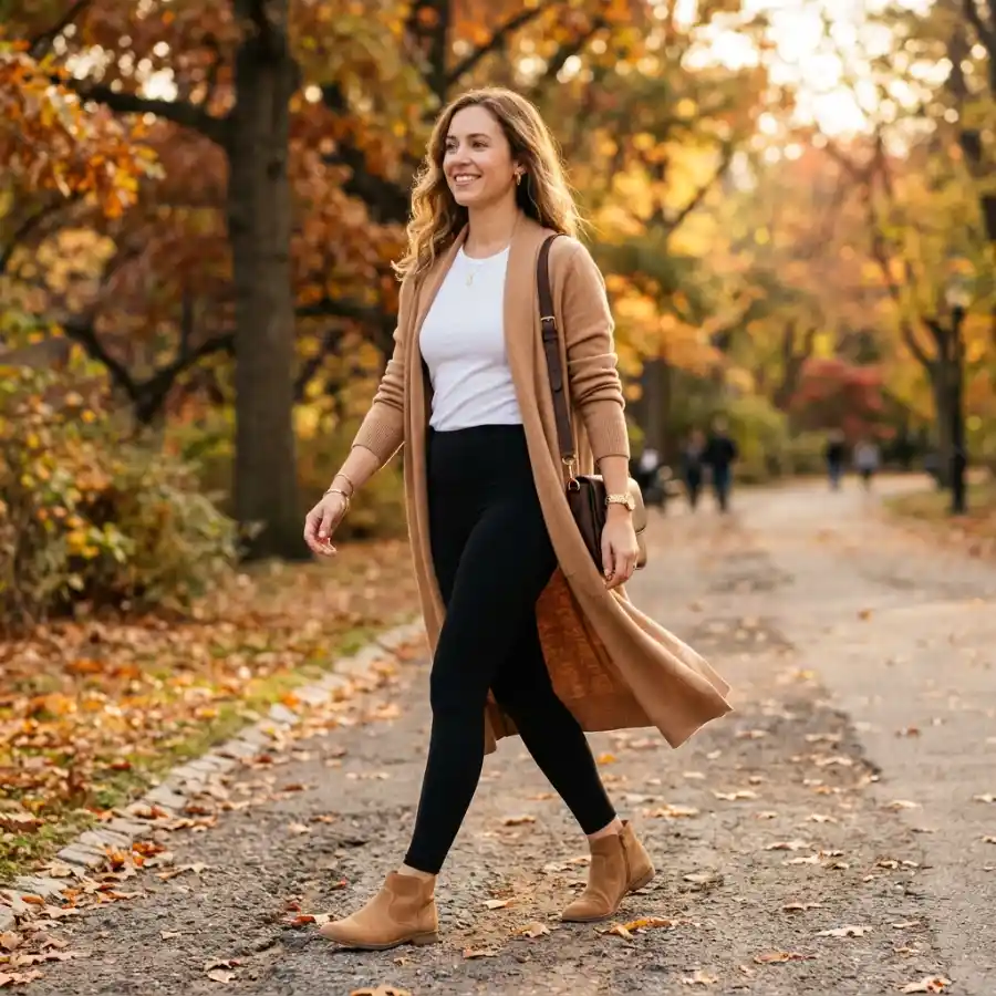 Black leggings styled with blazer and turtleneck for polished look
