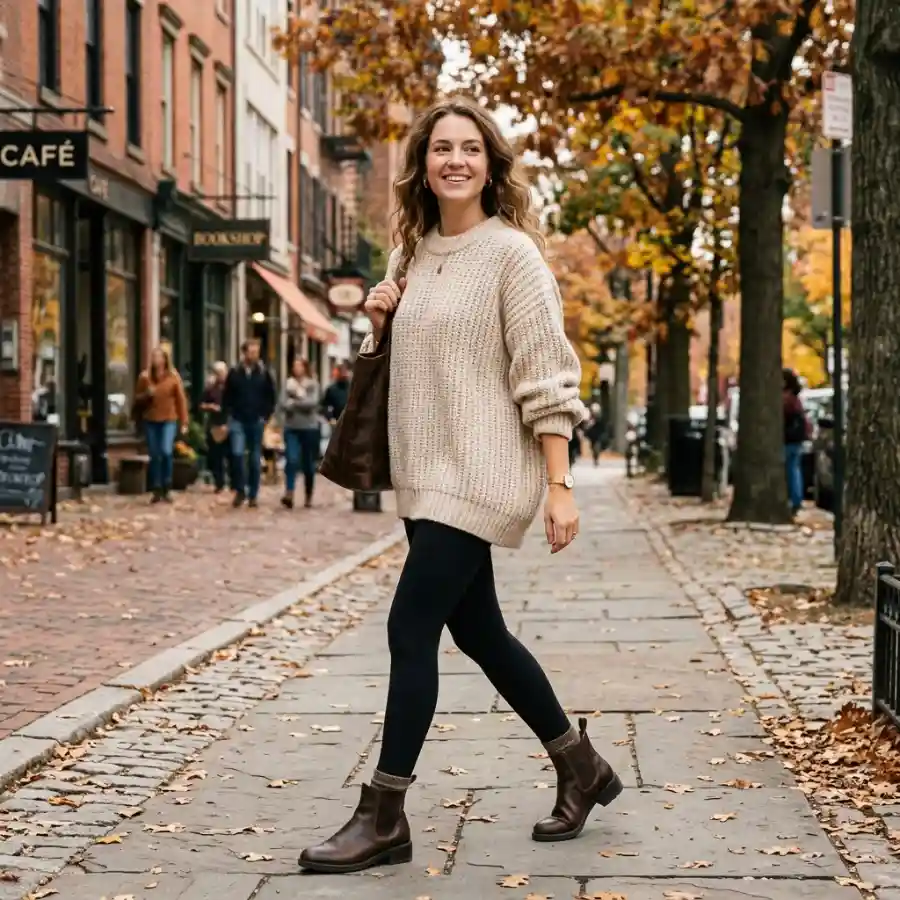 Black leggings outfit with oversized sweater and ankle boots