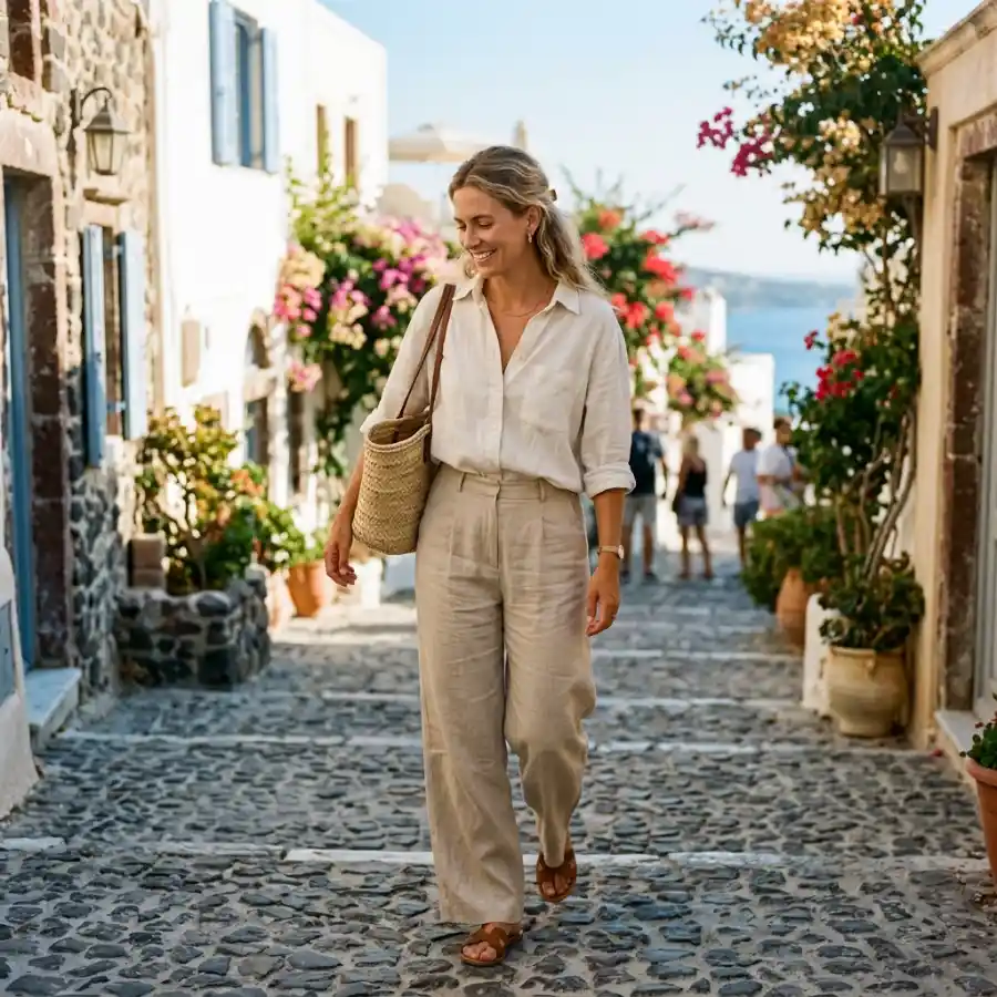 Linen wide leg trousers with shirt for casual summer outfit