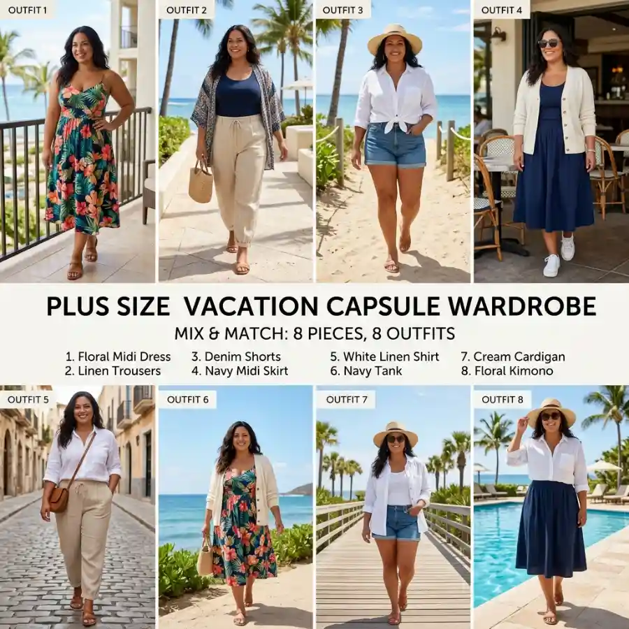 Mix and match plus size vacation outfits with few versatile pieces