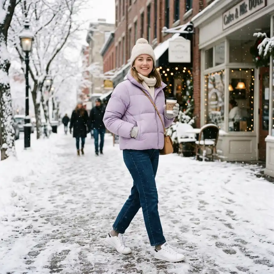 Cute winter outfit with pastel puffer jacket and jeans