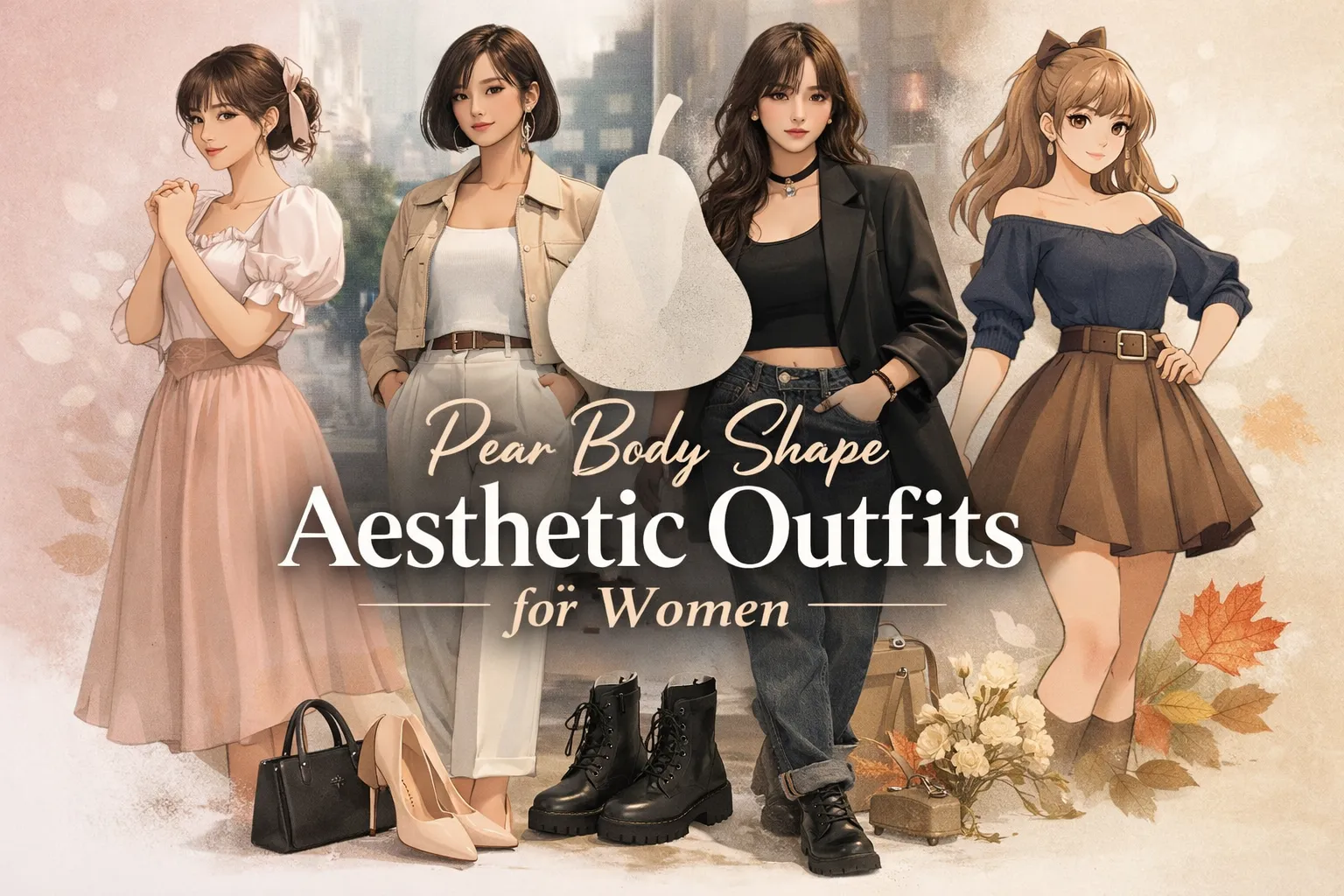 Pear Body Shape Aesthetic Outfits for women featuring soft feminine, Korean, grunge, and minimal styles with balanced proportions