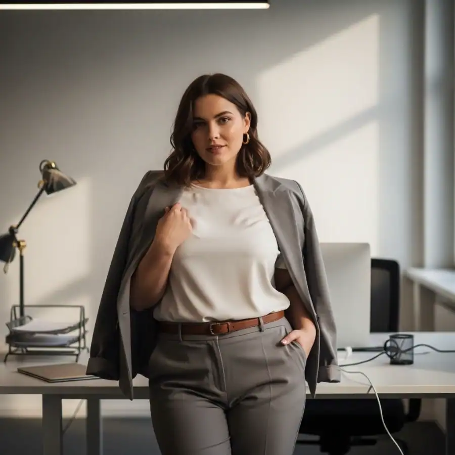 Confident plus size woman in office wearing stylish work attire.