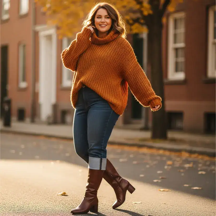 plus size chunky knit sweater jeans boots fall outfit
