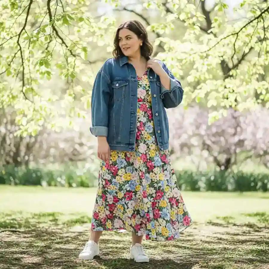Plus size spring fashion ideas featuring floral dresses and denim jackets for a stylish seasonal upd.