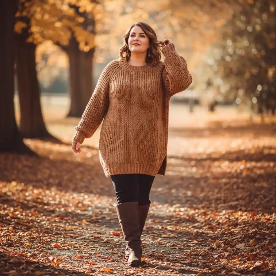 plus size fall outfits cozy flattering sweaters boots women