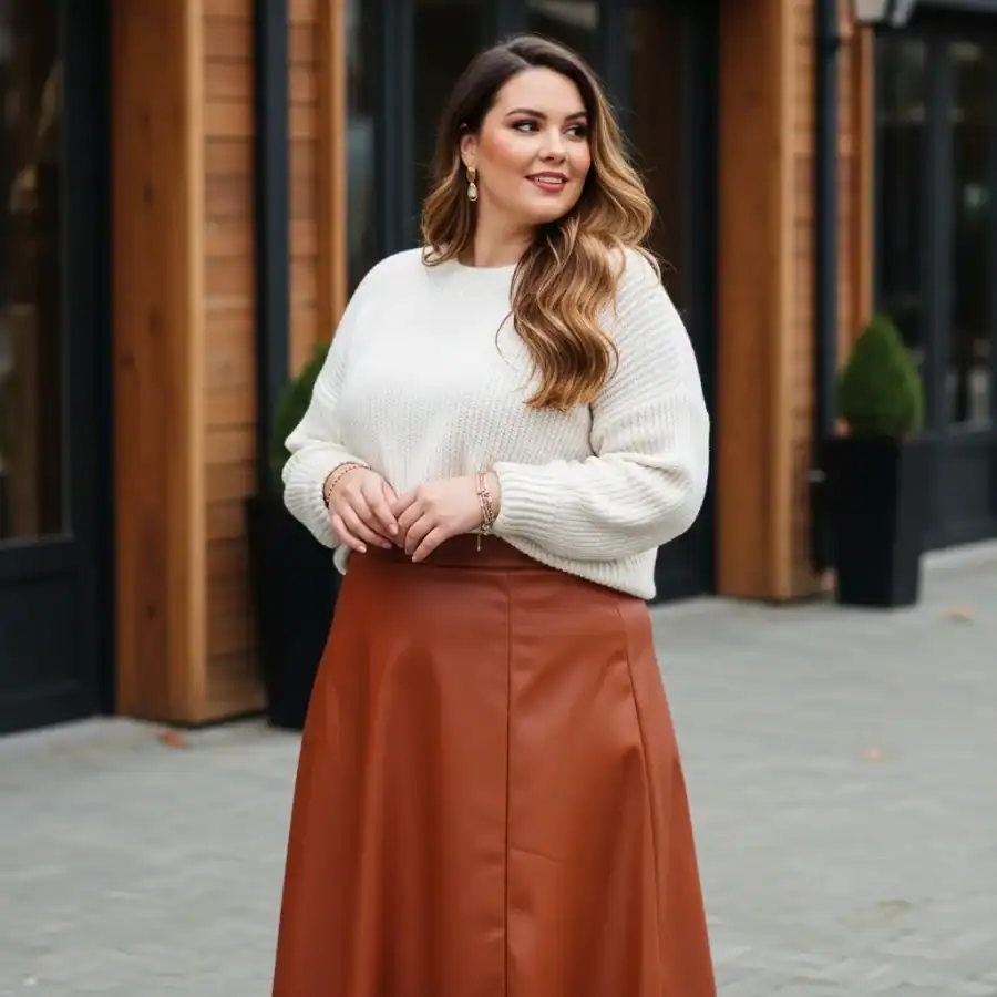 plus size faux leather skirt knit sweater fall outfit