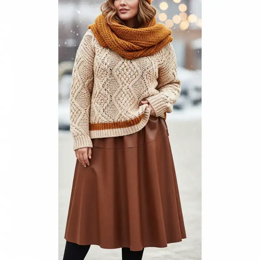 A plus size woman wearing a chunky knit sweater, rust-colored skirt, and a warm mustard scarf for wi.