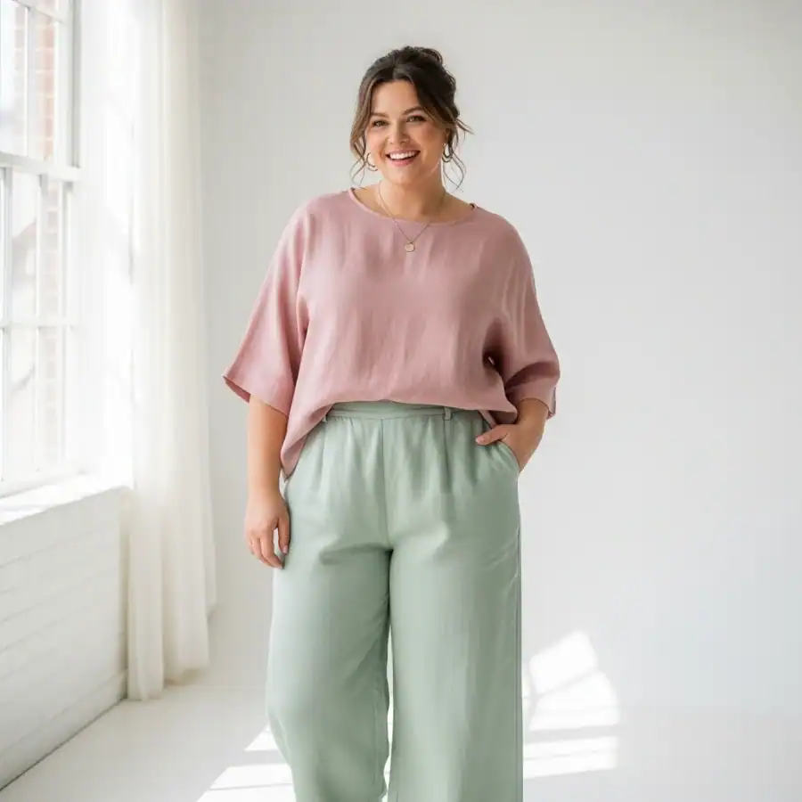 Plus size woman in pastel pink top and mint green pants for spring.