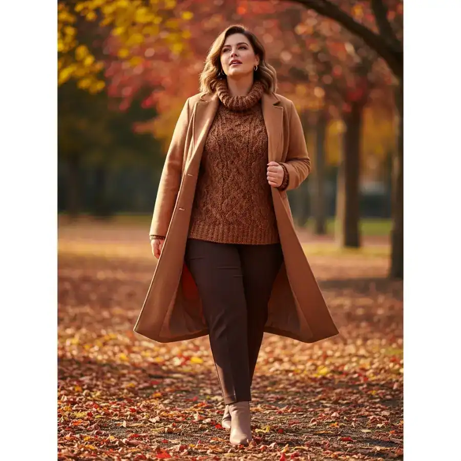 Plus size woman in cozy fall outfit with coat, sweater, and pants outdoors.