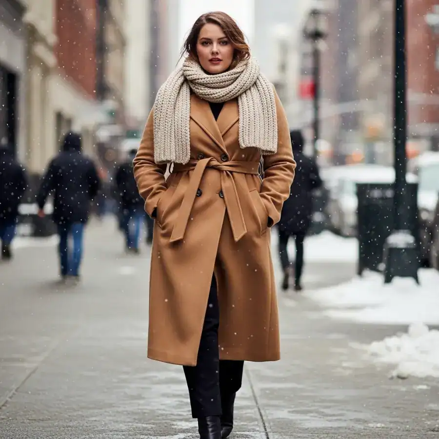 Plus size woman in winter coat and scarf on city street in snow.