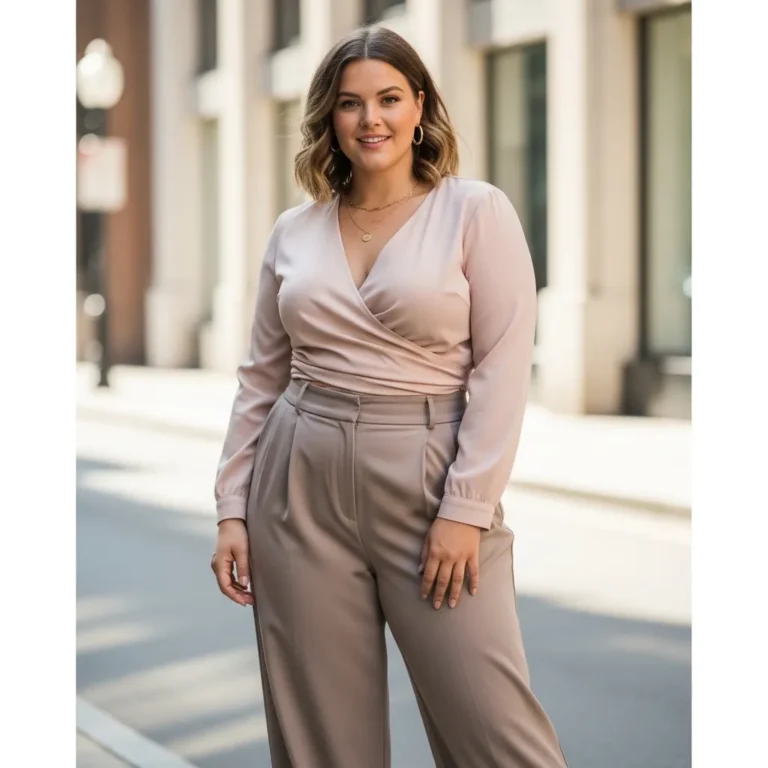 plus-size-outfit-ideas-for-pear-body-shape-featuring-a-flattering-wrap-top-and-wide leg-trousers