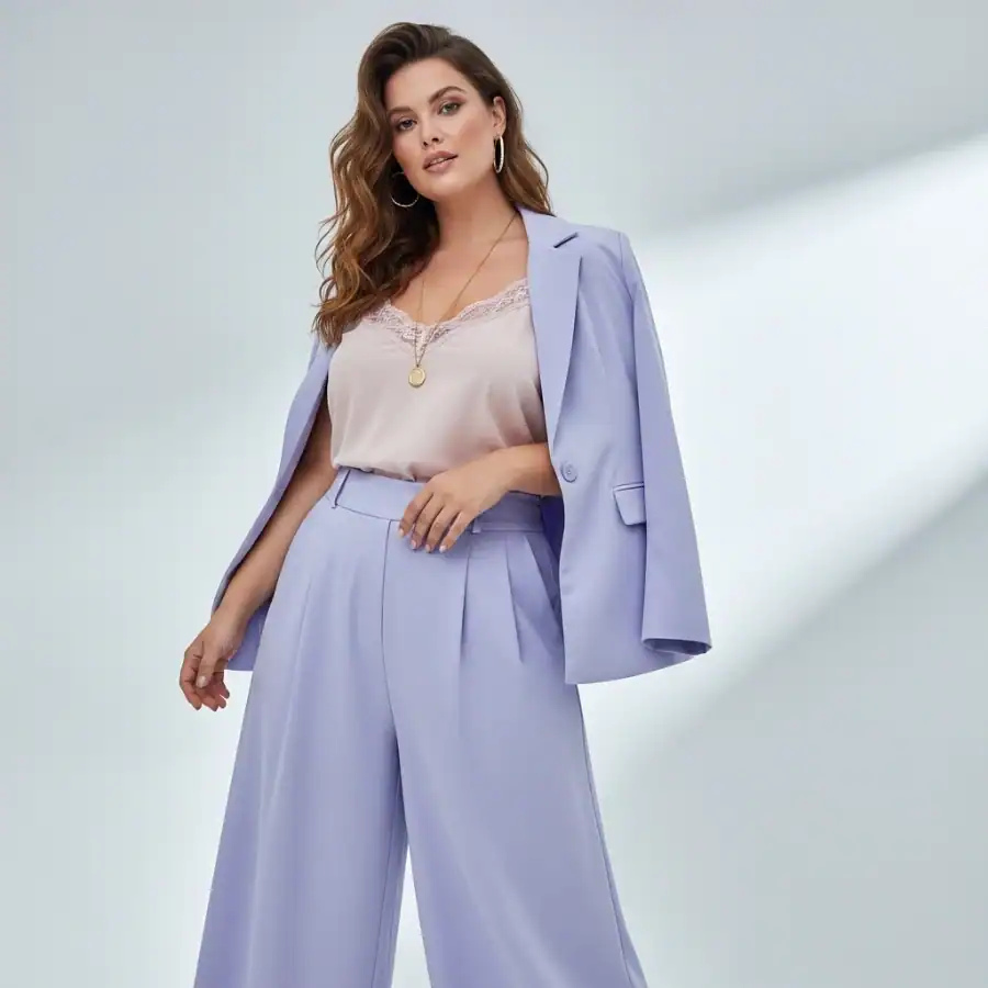 Plus size woman in pastel suit for spring fashion, stylish and confident.