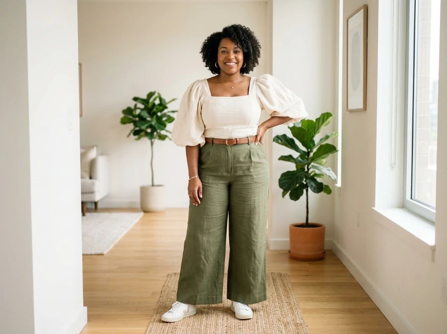 Plus size pear body shape outfit with puff sleeve top and wide leg trousers
