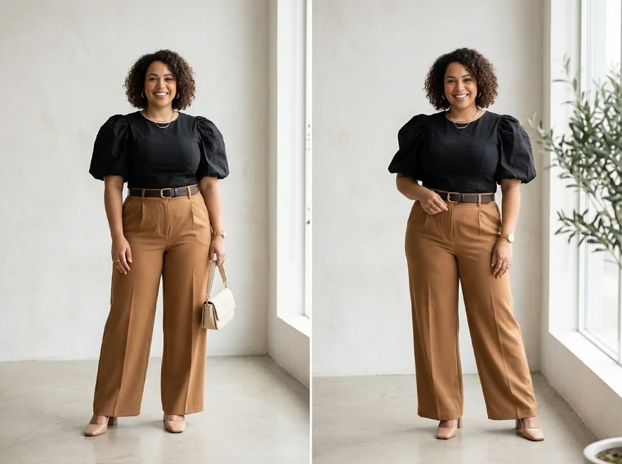 Plus size pear body shape outfit with balanced silhouette and structured top