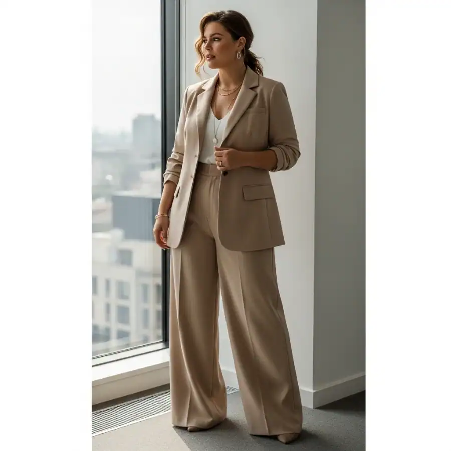 Plus size woman in beige business suit standing by window.