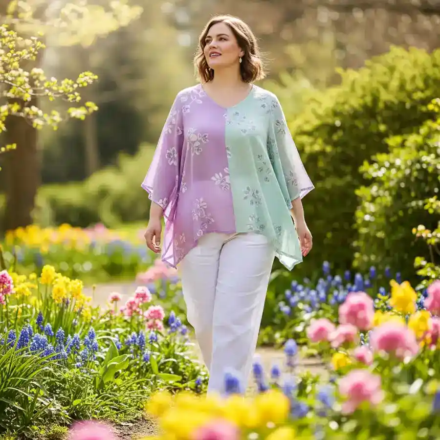 Plus size spring outfit with flowy pastel top and white pants, perfect for a fresh seasonal style.
