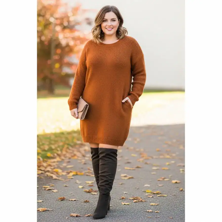 plus size sweater dress knee high boots fall outfit
