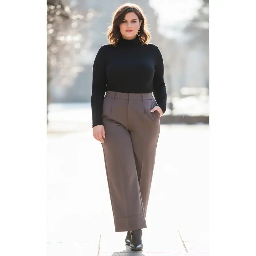 Plus size woman in stylish winter outfit with high-waisted trousers and sweater outdoors.