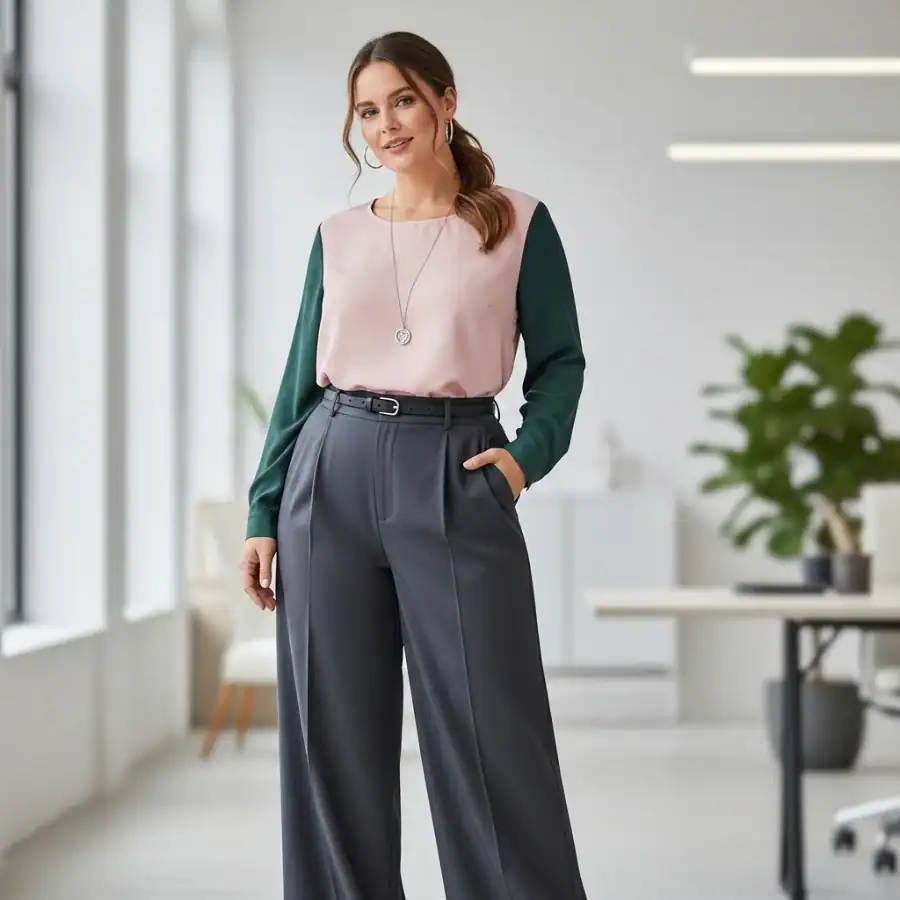 Plus size professional work outfit with stylish blouse and tailored trousers.