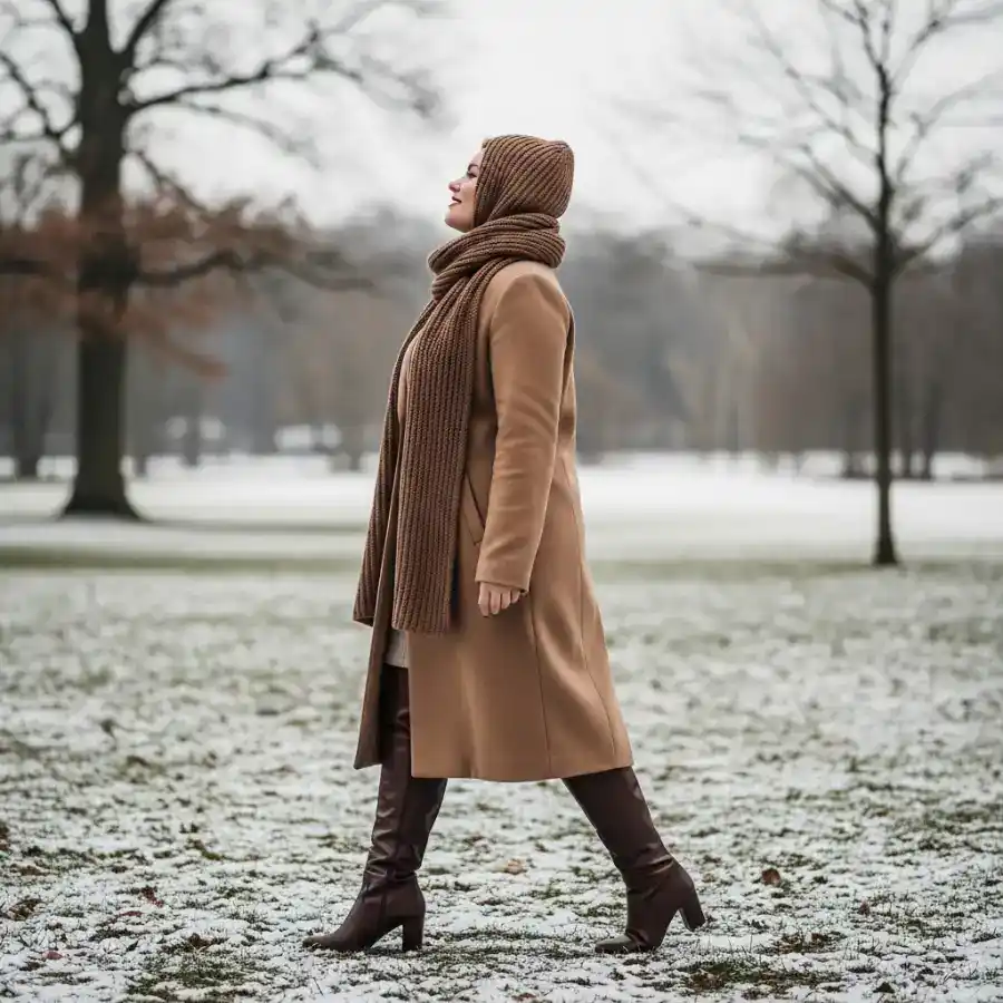 Plus size winter fashion with cozy coat and boots for warmth and style.