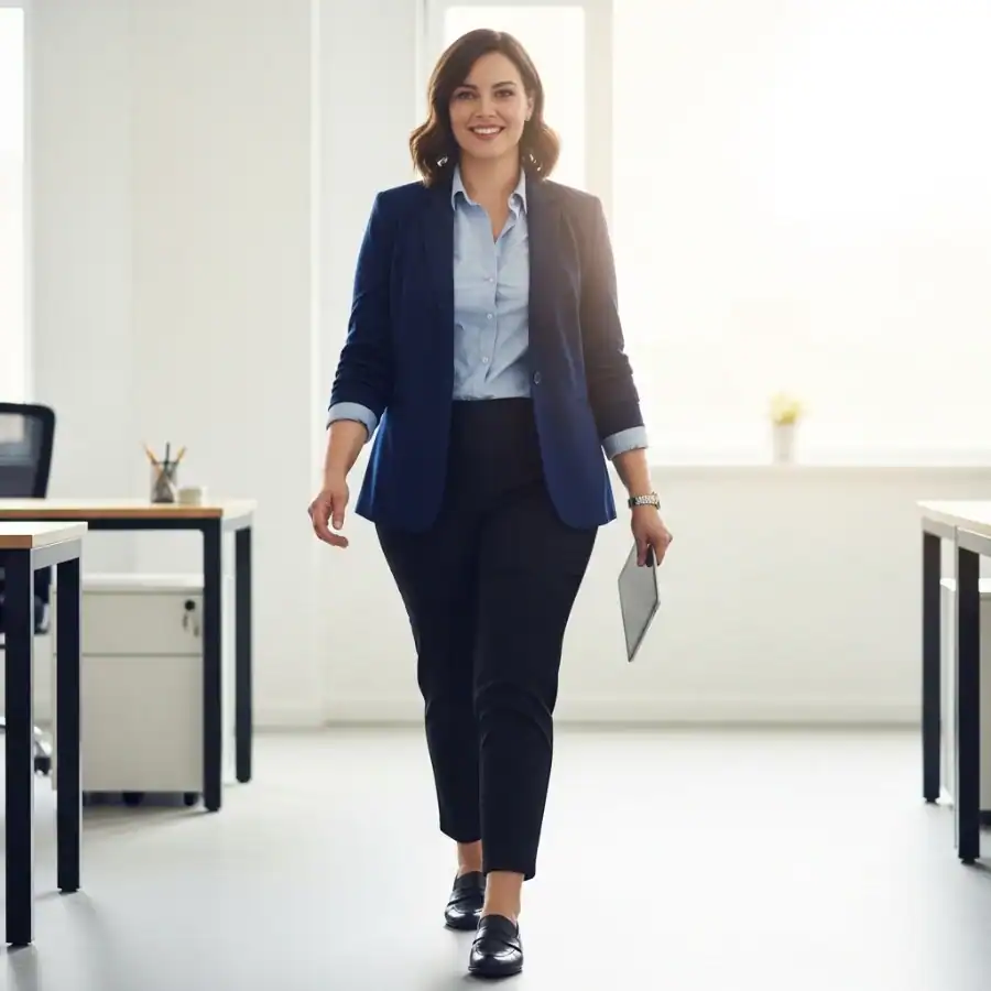 Plus size woman in professional work attire walking confidently in office.