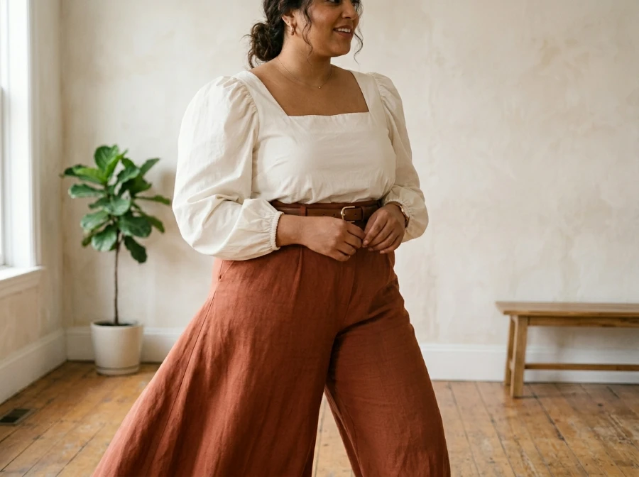 Puff sleeve top with wide leg trousers for pear body shape