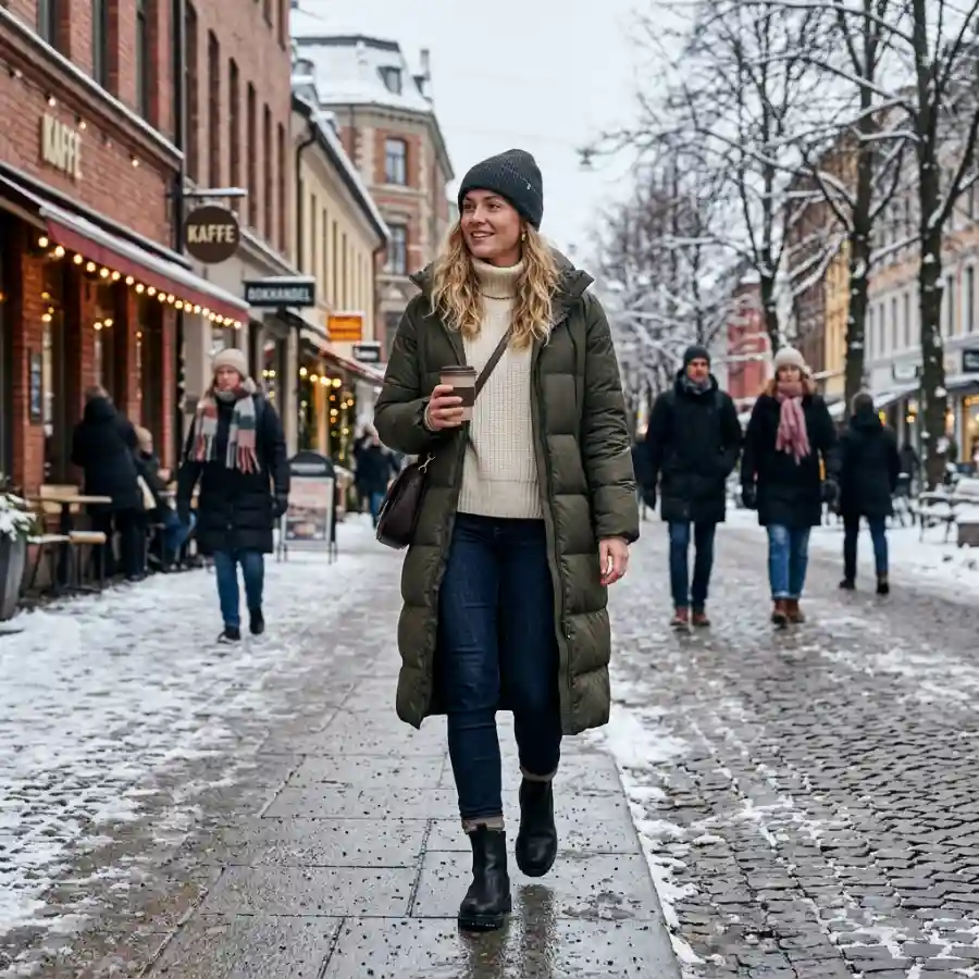 Casual winter outfit with puffer jacket and jeans