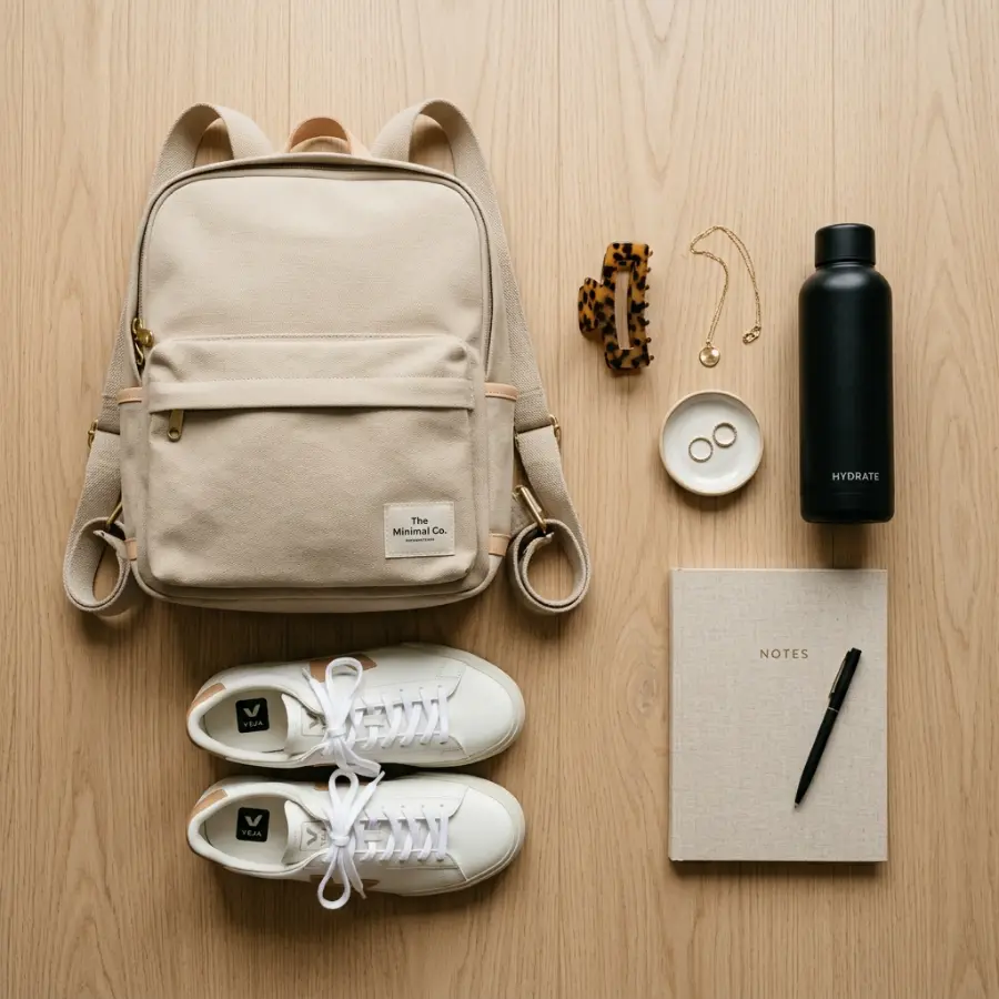 School outfit accessories including backpack and hair clips