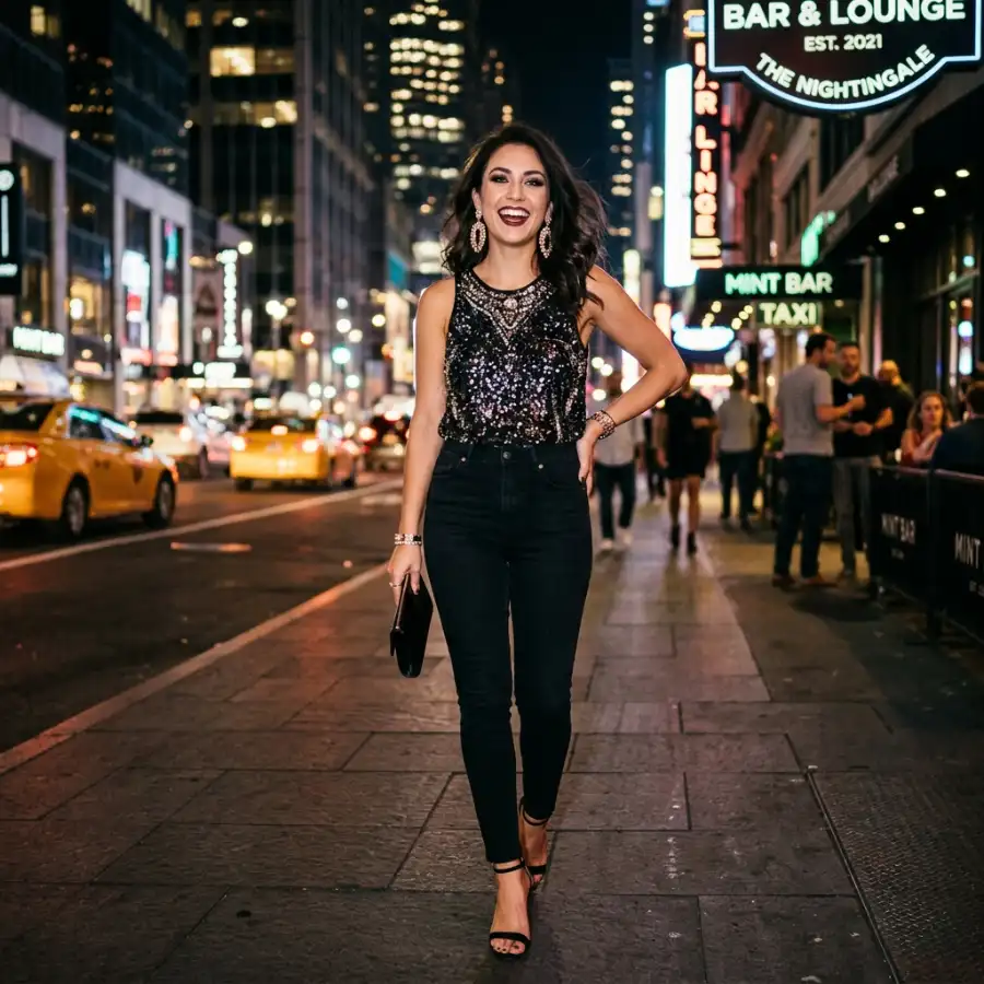 Black jeans with sequin top birthday night outfit