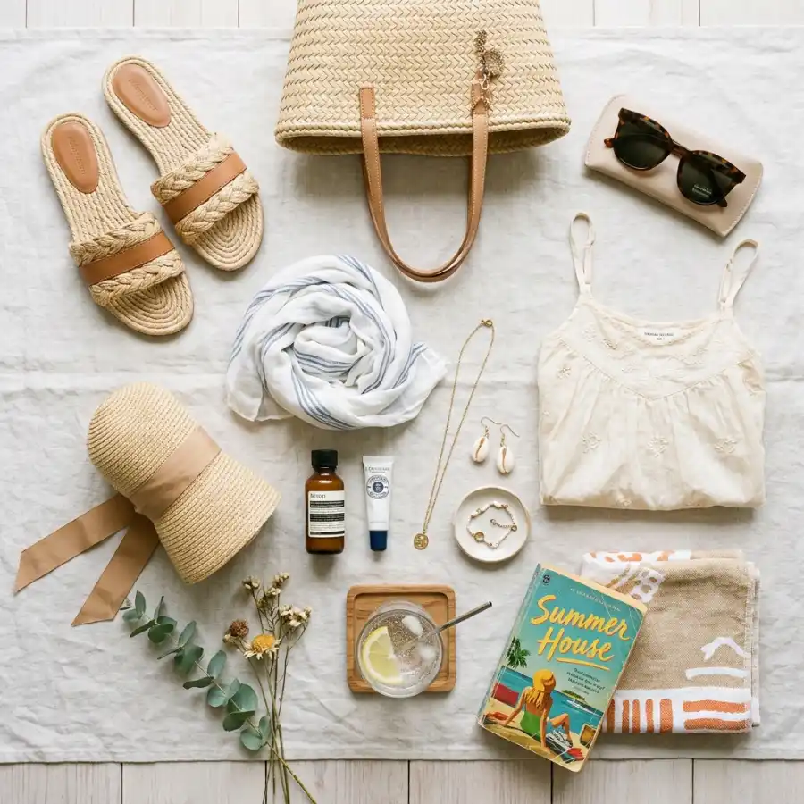Summer accessories including sandals sunglasses and straw bag