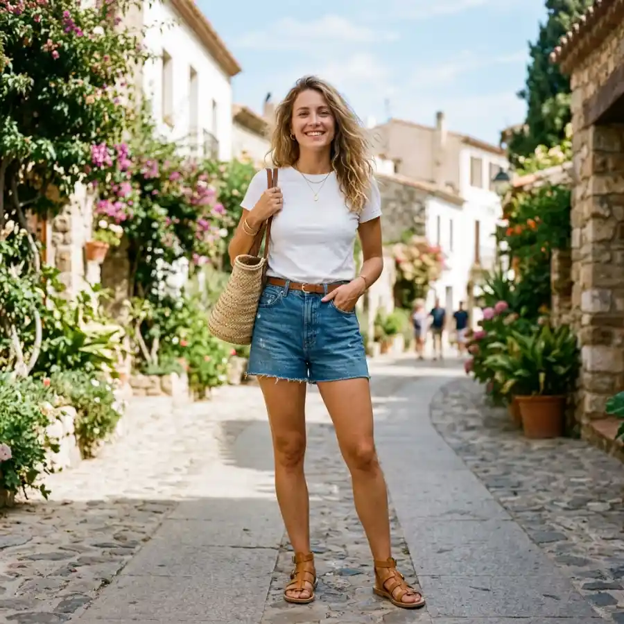 High waisted shorts with white tee casual summer outfit