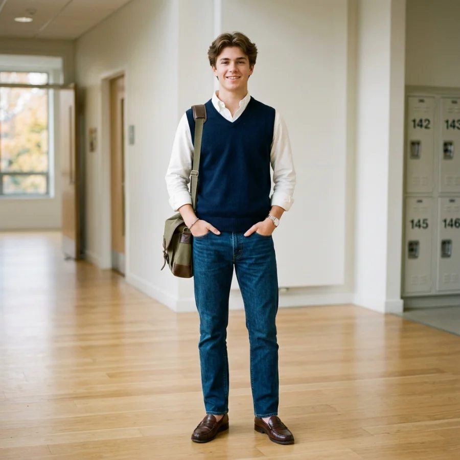 Cute school outfit with sweater vest and collared shirt