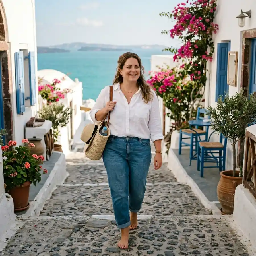 Timeless plus size vacation outfit with white shirt and jeans
