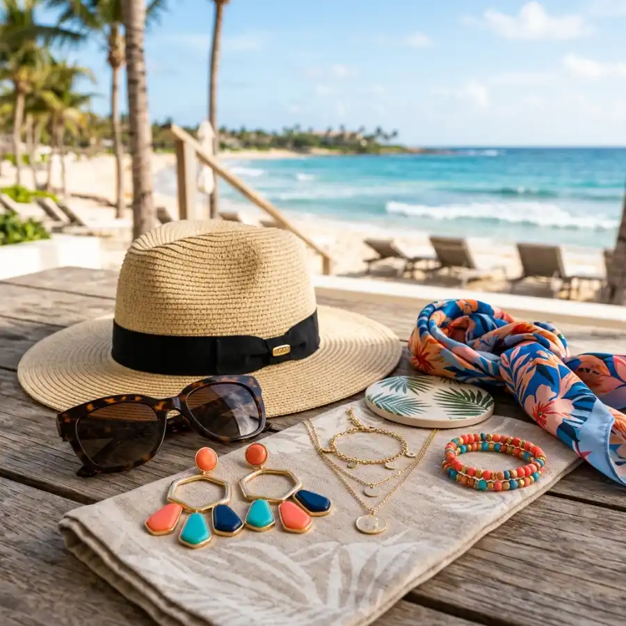 Accessories for plus size vacation outfits including sunglasses and hat
