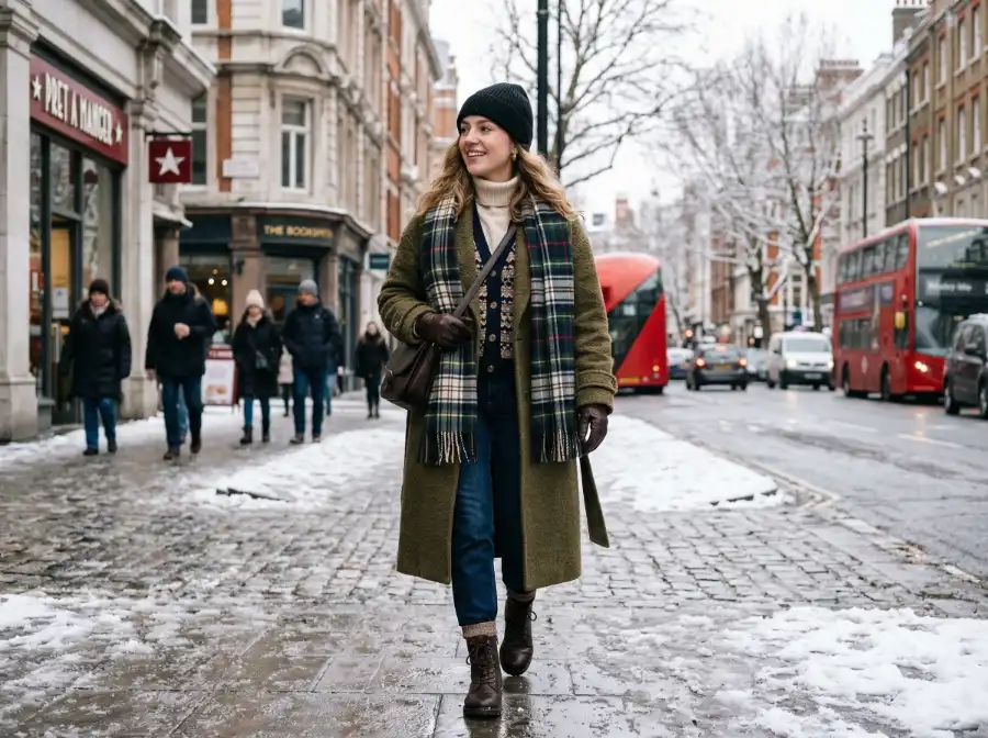 winter layered outfit with coat scarf and boots