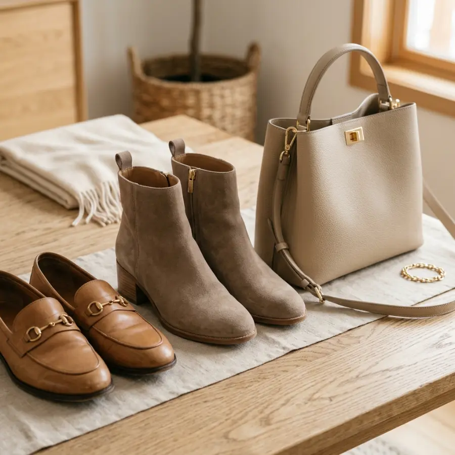 Work outfit accessories with loafers boots and structured bag