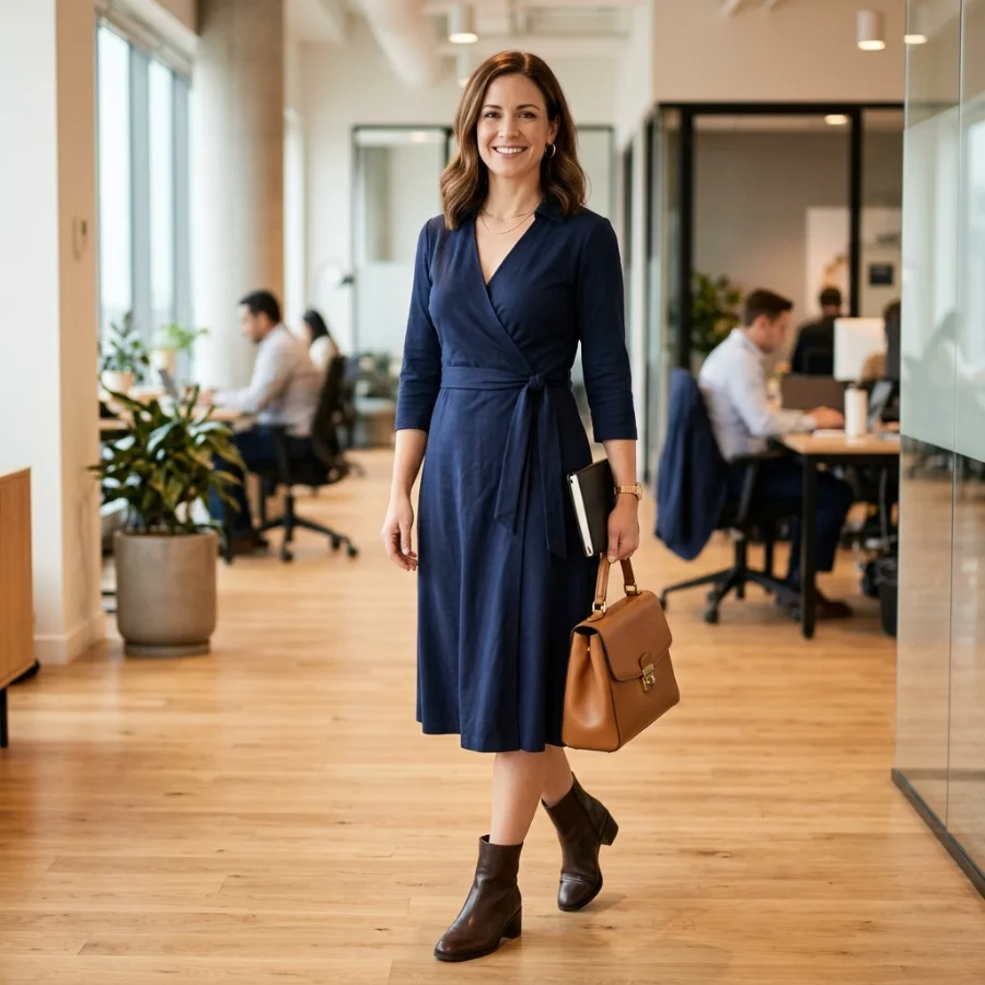 Wrap dress outfit for casual work style
