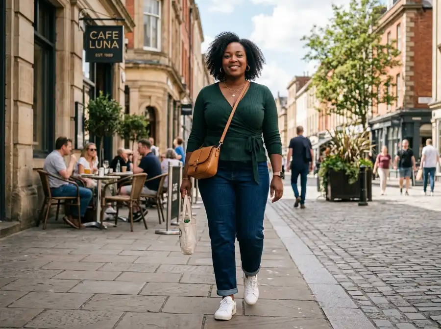 Wrap top with straight jeans outfit for plus size pear shape